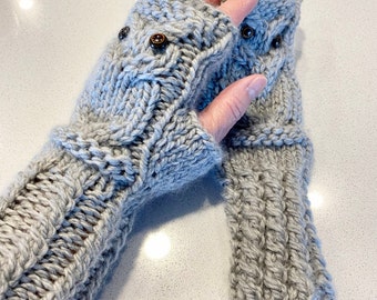 Owl Fingerless Gloves Mittens - Merino Wool - Silver Gray