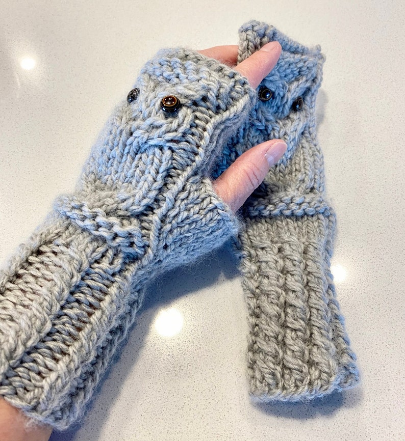 Owl Fingerless Gloves Mittens Merino Wool Silver Gray image 1