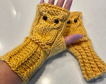 Owl Fingerless Gloves Mittens - Merino Wool- Daffodil (Yellow)