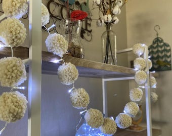 Fairy Pom Pom Lights Garland, Fluffy Cream Decor