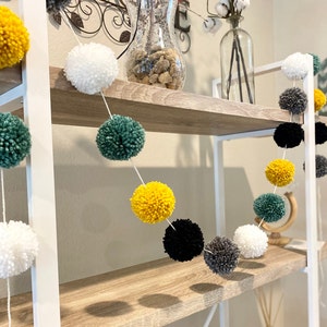 White, Mustard, Grey, Green Pom Pom Garland, Baby Room Decor, Nursery Garland, Pom Pom Wall Decor, Pom Pom Bunting