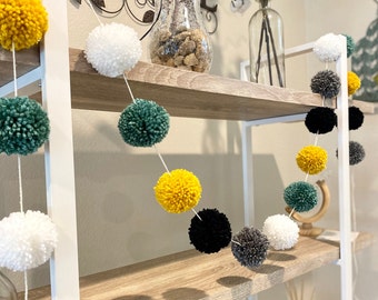 White, Mustard, Grey, Green Pom Pom Garland, Baby Room Decor, Nursery Garland, Pom Pom Wall Decor, Pom Pom Bunting