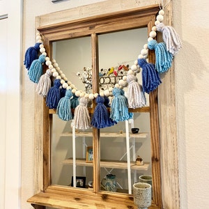 Tassel Garland with Wood Beads, Blue Tassel, Boho Nursery, Nursery Decor, Kids Room Decor, Garland Decor, Wedding Decor