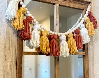 Wood Bead Tassel Garland, Mustard, Ginger & Cream, Boho Decor