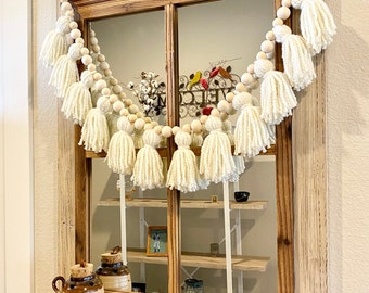 Tassel Garland with Wood Beads, Cream/Off White Tassel, Boho Nursery, Nursery Decor, Kids Room Decor, Garland Decor, Wedding Decor