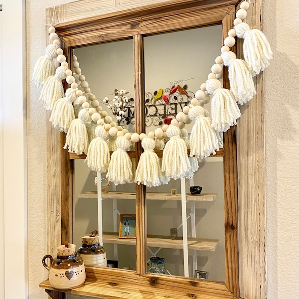 Cream Tassel Garland with Wood Beads: Boho Nursery, Wedding Decor