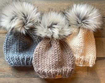 Hand Knit Baby Hat with Faux Fur Pom, Wool Blend