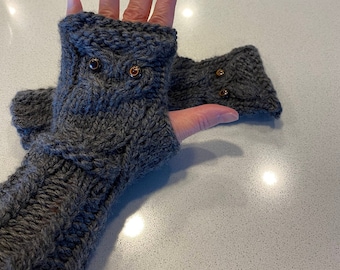 Owl Fingerless Gloves Mittens - Merino Wool - Charcoal Gray