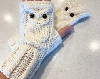 Owl Fingerless Gloves Mittens - Merino Wool Mittens - Cream