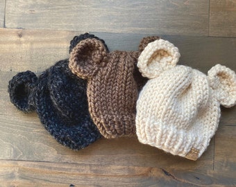 Hand Knit Baby Bear Hat, Lambswool Blend