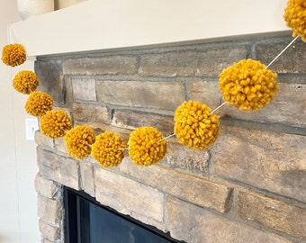 Handmade Mustard Pom Pom Garland, Farmhouse Decor, 7 ft
