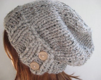 Grey Marble Wool Slouchy Knit Hat, Button Detail