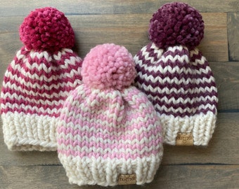 Hand Knit Striped Baby Beanie with Pom Pom