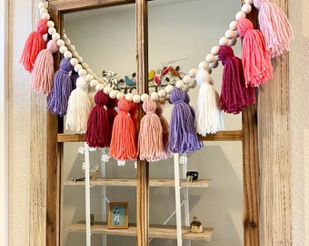 Floral Spring Tassel Garland, Wood Beads, Boho Nursery Decor