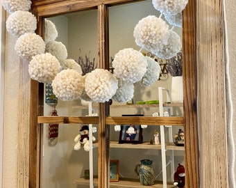 Farmhouse Cream Pom Pom Garland, Fluffy Bulky Yarn, 7 ft