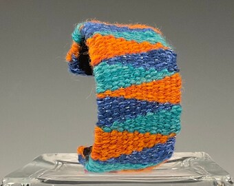 Handwoven Tapestry Cuff Bracelet - Blue/Teal/Orange Triangle