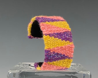Handwoven Tapestry Cuff Bracelet - Purple/Pink/Yellow Triangle