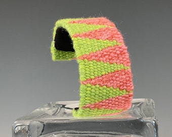 Handwoven Tapestry Cuff Bracelet - Pink/Green Triangle