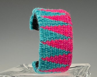 Handwoven Tapestry Cuff Bracelet - Teal/Magenta Triangle