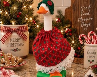 Geese clothes Christmas trees on red outfit for 7" desk goose