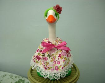 Summer bright pink flowers on white dress for 7" plastic desk goose