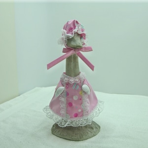 Goose outfit Easter dress in pink with egss insert for SMALL 14&quot; deck or porch goose. WILL NOT fit a 7&quot; 3D printer desk goose.
