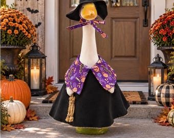 Geese clothing for Halloween. Witch with purple cape, handmade witch hat and broom for Large 23-27" tall goose.