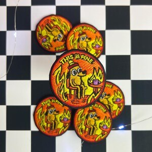 This Is Fine Meme Embroidered Patch – Funny Iron-On Cartoon Dog Fire Patch | Internet Culture Gift for Jackets, Backpacks, Bags
