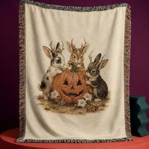 Jackalope Pumpkin Halloween Throw Blanket | Moonflower Woven Autumn Couch Throw