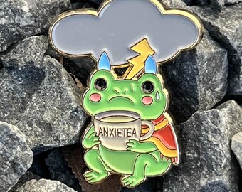 Anxietea Frog Enamel Pin, Sad Frog Drinking Tea