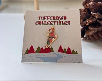 Skateboarding Santa Enamel Pin, Glitter Christmas Accessory