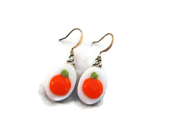 Items similar to Pumpkin Earrings - Fused Glass Pumpkin Earrings