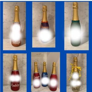 May include: A collection of personalized champagne bottles with gold glitter and names written on them. The bottles are decorated with different colors and designs. The names on the bottles are:  "Joleigh", "Ariana", "Madelyn", "Alexa", "Taylor", and "Emily".