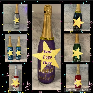 May include: A collage of nine champagne bottles decorated with glitter, stars, and personalized names. Each bottle has a gold top and a gold star with a personalized message. The bottles are decorated with different colors and designs, including purple, green, red, and blue.