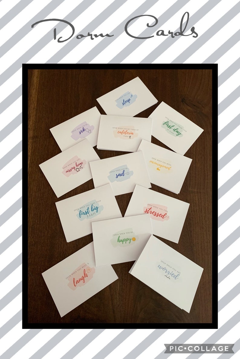 May include: A collection of colorful cards with watercolor-like designs and text that says "Open when you feel..." followed by a feeling, such as "sick", "sleep", "cafeteria", "first day", "missing home", "sad", "overwhelmed", "first big exam", "stressed", "happy", "laugh", and "worried".