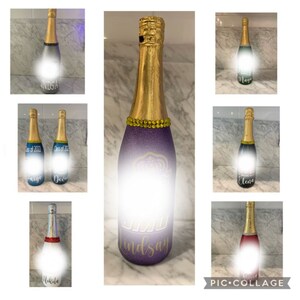 May include: A collage of nine champagne bottles decorated with glitter and personalized names. The bottles are in various colors, including purple, blue, silver, and red. Each bottle has a gold top and a gold band around the middle. The names on the bottles are Lindsay, Paige, Dev, Mikila, Elena, and Maye.