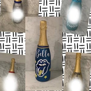 May include: A collage of five decorated champagne bottles. The bottles are decorated with glitter, paint, and rhinestones. The bottles are personalized with names and the text "Class of 2021".