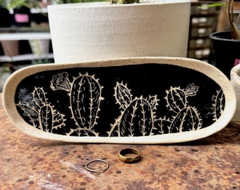Claret Cup Cactus Footed Oval Dish, Handmade