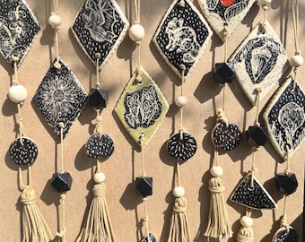Boho Hand-Carved Ceramic Tile Wall Hanging with Tassel, Handmade