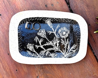 California Poppy Footed Platter / Dish, Handmade