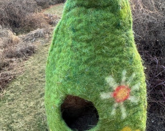 Hanging Bird House, felted with flowers