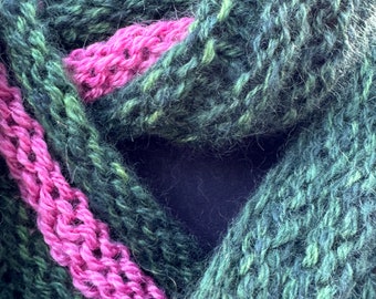 Cowl hand knit, hand dyed infinity design, green and pink