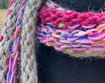 Cowl hand knit, hand dyed infinity design, pinks and more