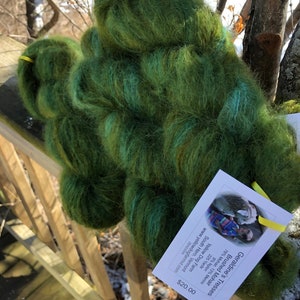 Pu&ograve; includere: Due gomitoli di filato di mohair spazzolato verde e turchese. Il filato &egrave; morbido e soffice, ed &egrave; perfetto per lavorare a maglia o all'uncinetto. Il filato &egrave; etichettato "Geraldine's Tresses Brushed Mohair 78% Mohair, 13% Merino 9% Nylon 225 Yards Yellow Dog Farm South Hero, Vermont www.yellowdogfarmvt.com ZEKE0006 $20.00"