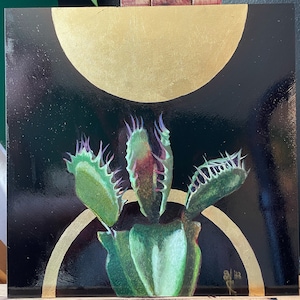 May include: A painting of a Venus flytrap plant with green leaves and purple veins against a black background with gold circles.