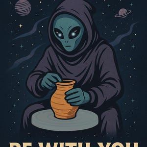 Puede incluir: Ilustración de un alienígena con una túnica con capucha, creando cerámica. El alienígena tiene una cara y manos de color turquesa, y está trabajando en un jarrón de color marrón claro. El texto en la parte superior dice "MAY THE CENTRIFUGAL FORCE" y en la parte inferior "BE WITH YOU".