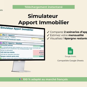 May include: A computer screen displays a real estate investment simulator with financial data. The screen shows a spreadsheet with various financial metrics, including monthly payments and savings. The image also includes text in French.