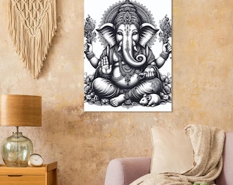 Lord Ganesh Line art Wall Art Indian Hindu God Ganesha Painting AI Digital Prints Instant Download wall art Poster Lord Ganesh Glossy Poster