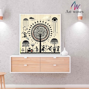 May include: Black and white illustration of a tree with a circle around it, surrounded by people and animals. The background is a light yellow color.