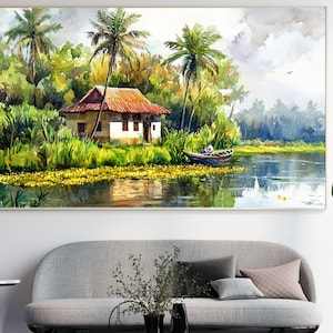 Kerala Backwaters India Travel Print Instant Digital AI Download Landscape Watercolor Art Home Decor Kerala India Backwaters Travel to India